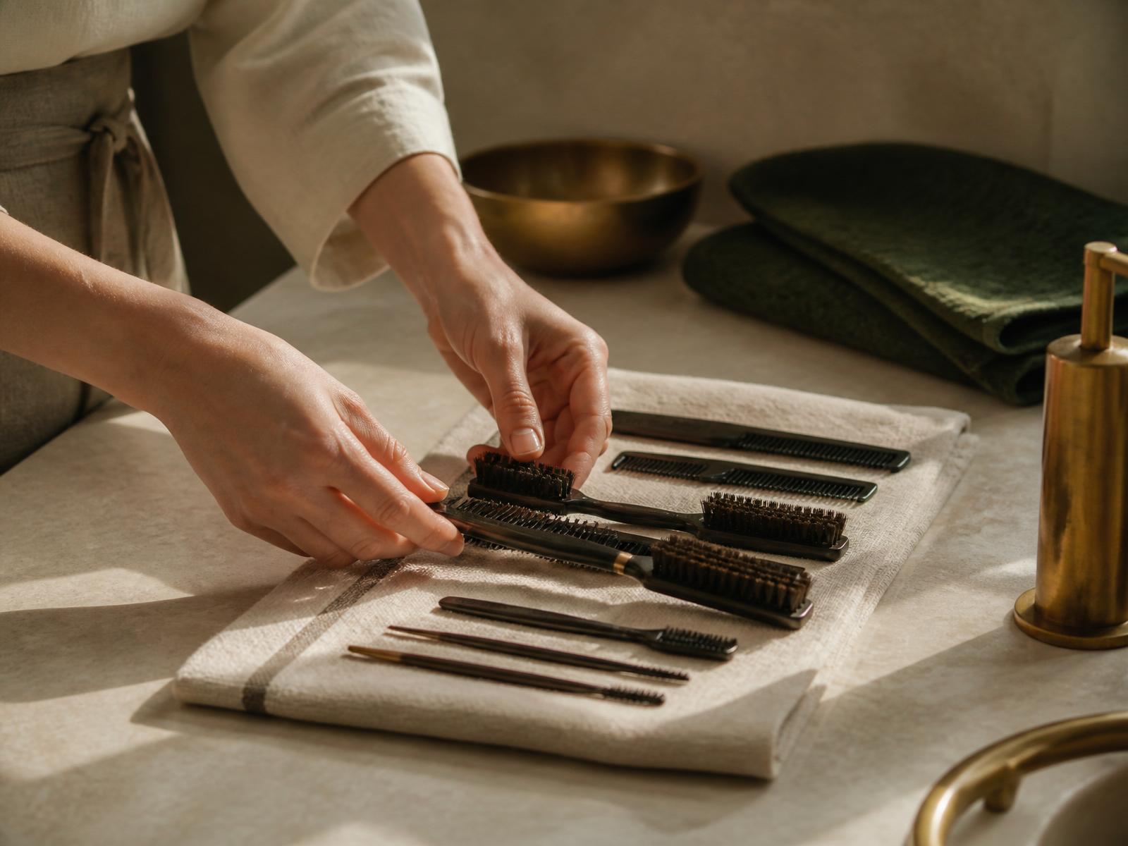 A stylist arranging brushes and combs before service, sunlight across the counter